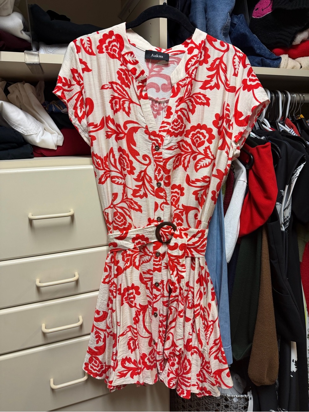 Aakaa Red & White Floral Belted Mini Dress - So Cute!